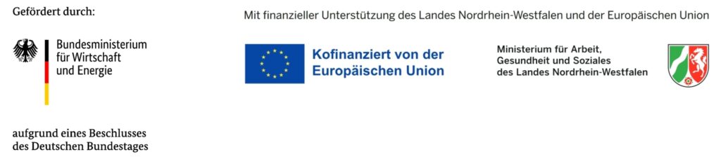 Logos des Bundesministeriums für Wirtschaft und Energie, Kofinanziert von der Europäischen Union. sowie Ministerium für Arbeit, Gesundheit und Soziales des landes Nordrhein-Westfalen. Aufgrund eines Beschlusses des Deutschen Bundestagesder Bildungsketten und des Bundesinstituts für Berufsbildung